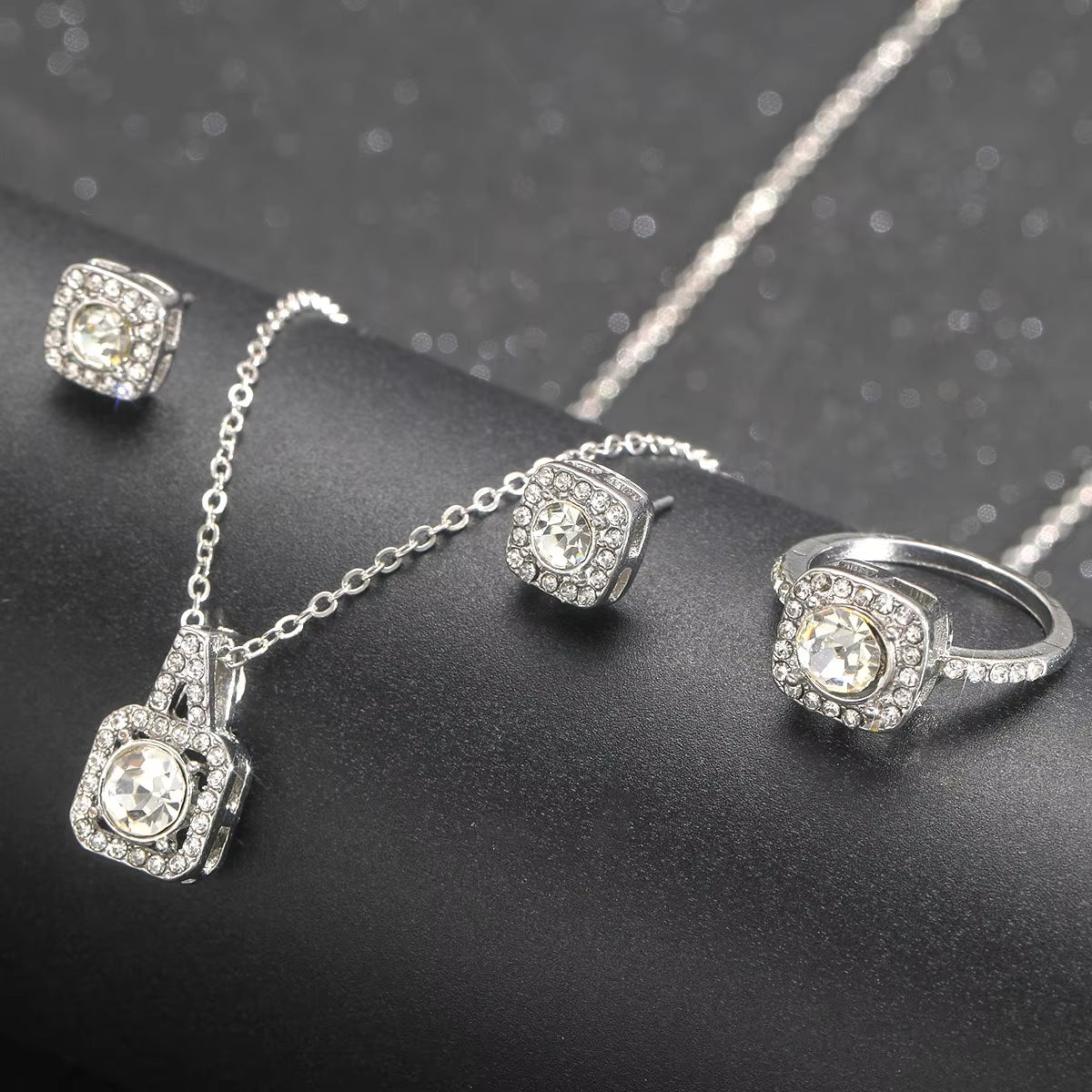 Luxury Square Zircon Crystal Earring Necklace Ring 3 Piece Set for Women Silver Color Princess Bride Wedding Banquet Jewelry Set