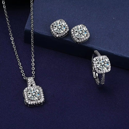 Luxury Square Zircon Crystal Earring Necklace Ring 3 Piece Set for Women Silver Color Princess Bride Wedding Banquet Jewelry Set